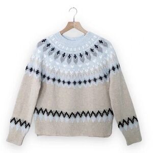 27 Miles Malibu Farida Fair Isle Cashmere Wool Oatmeal and Blue Crew-worn once
